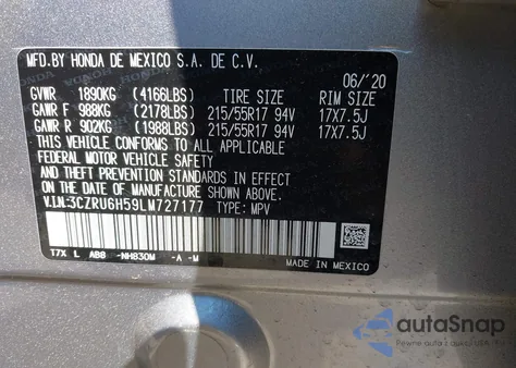 2020 Honda Hr-V Awd Ex z USA, uszkodzony, nr VIN 3CZRU6H59LM727177